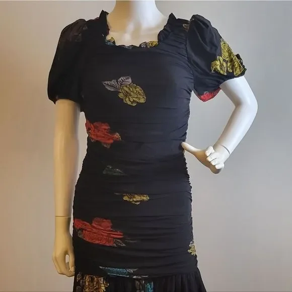 GANNI Ruched Floral print mesh jersey mini dress Size 38 GER - Picture 4 of 8